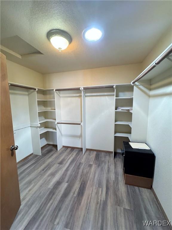 walk in closet with wood finished floors