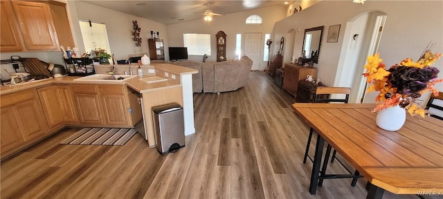 kitchen with arched walkways, open floor plan, a peninsula, light countertops, and a sink