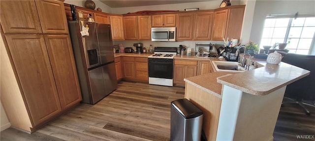 kitchen featuring wood finished floors, a peninsula, stainless steel appliances, light countertops, and a sink