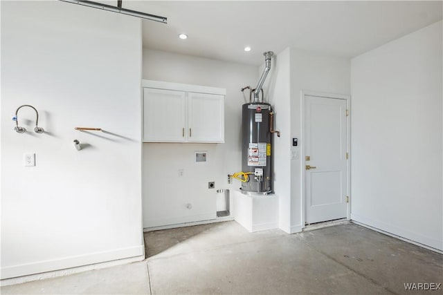 garage with water heater, baseboards, and recessed lighting