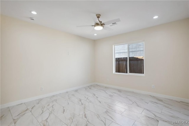 spare room with baseboards, visible vents, a ceiling fan, marble finish floor, and recessed lighting