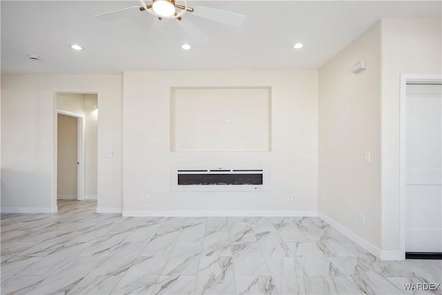 unfurnished living room featuring a fireplace, baseboards, a ceiling fan, and recessed lighting