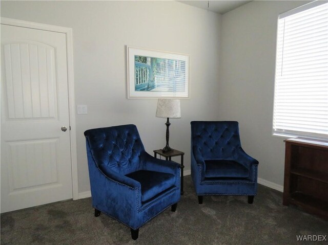 living area featuring baseboards and dark carpet