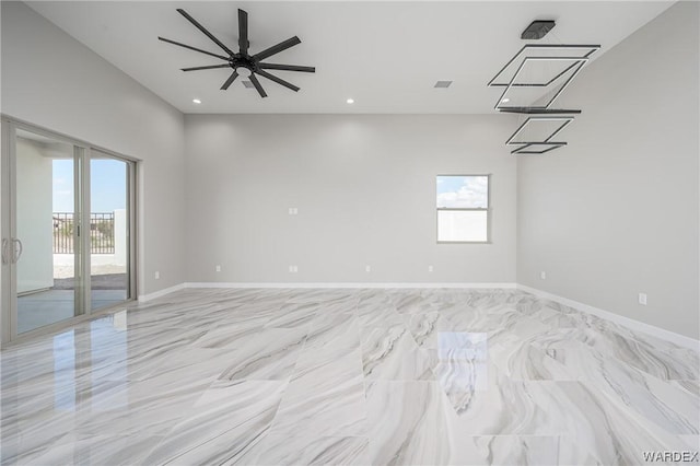 spare room featuring baseboards, ceiling fan, marble finish floor, and recessed lighting