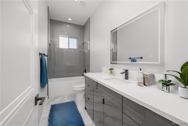 bathroom with marble finish floor, bathing tub / shower combination, visible vents, toilet, and vanity