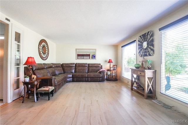 living area featuring light wood-style floors and a textured ceiling