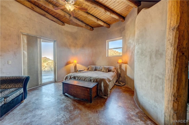 bedroom featuring beam ceiling, access to outside, wood ceiling, and concrete floors