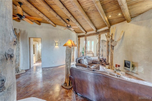 unfurnished living room with heating unit, finished concrete floors, ceiling fan, wooden ceiling, and beamed ceiling