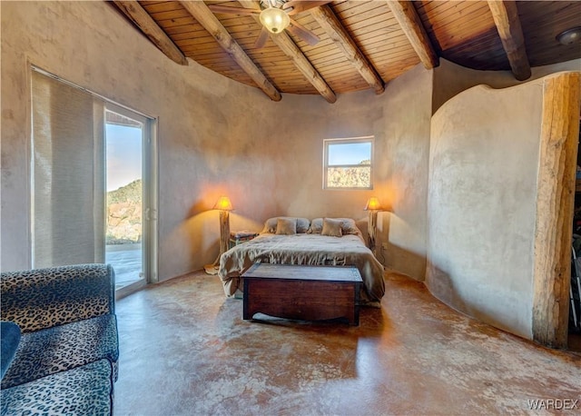 bedroom with access to exterior, beam ceiling, wood ceiling, and concrete floors