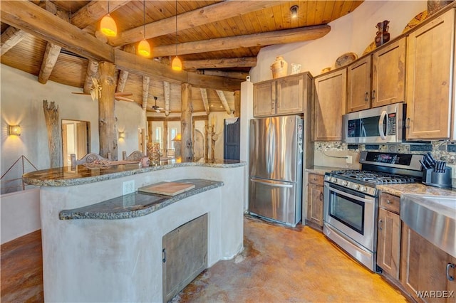 kitchen featuring light stone counters, brown cabinetry, wood ceiling, appliances with stainless steel finishes, and decorative light fixtures