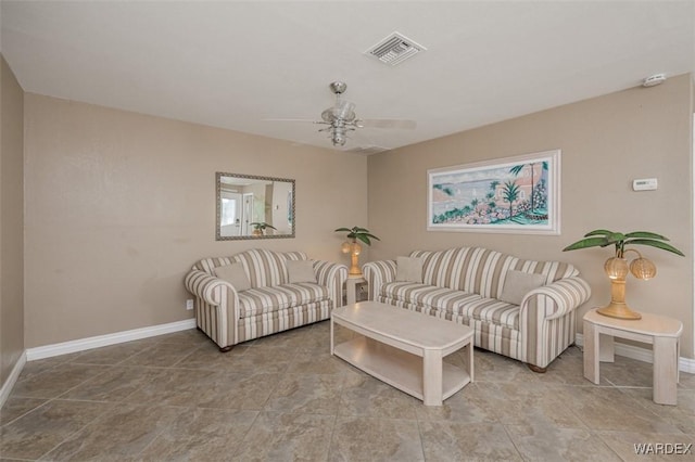 living area featuring a ceiling fan, visible vents, and baseboards