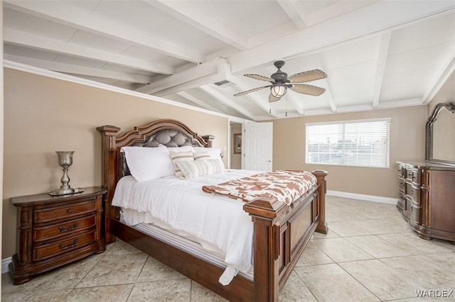 bedroom with vaulted ceiling with beams, visible vents, a ceiling fan, light tile patterned flooring, and baseboards