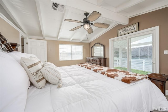 bedroom with vaulted ceiling with beams, ceiling fan, access to outside, and visible vents