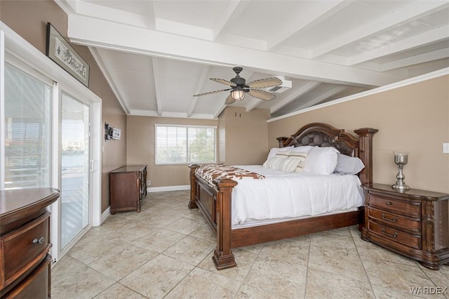 bedroom with lofted ceiling with beams, ceiling fan, light tile patterned flooring, baseboards, and access to exterior