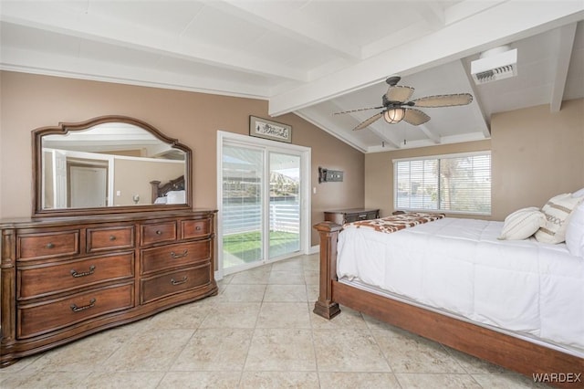 bedroom with access to outside, visible vents, multiple windows, and lofted ceiling with beams