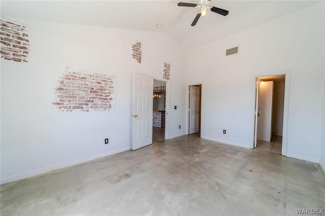 unfurnished bedroom with high vaulted ceiling, concrete floors, a ceiling fan, visible vents, and baseboards