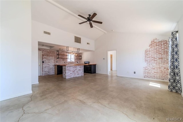 unfurnished living room featuring high vaulted ceiling, brick wall, visible vents, and a ceiling fan