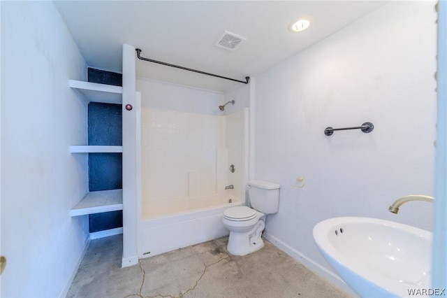 bathroom featuring toilet, baseboards, visible vents, and shower / bathing tub combination