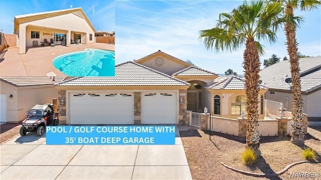 2032 Crystal Dr, Fort Mohave, AZ 86426 - view of front facade featuring fence, a tiled roof, stucco siding, driveway, and a garage