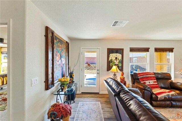 living area featuring wood finished floors and visible vents