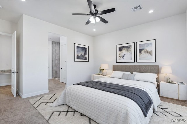 bedroom with light carpet, baseboards, visible vents, and recessed lighting