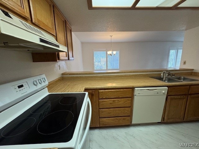 kitchen featuring under cabinet range hood, white appliances, a sink, light countertops, and brown cabinetry