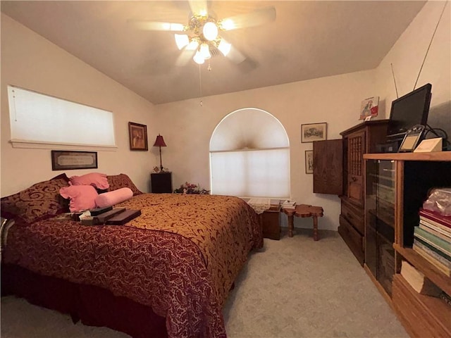 2217 E Emerald River Way, Fort Mohave, AZ 86426 - bedroom featuring light colored carpet, lofted ceiling, and ceiling fan