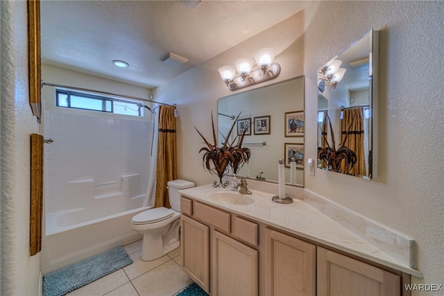 full bathroom with shower / bath combination with curtain, toilet, a textured ceiling, vanity, and tile patterned flooring