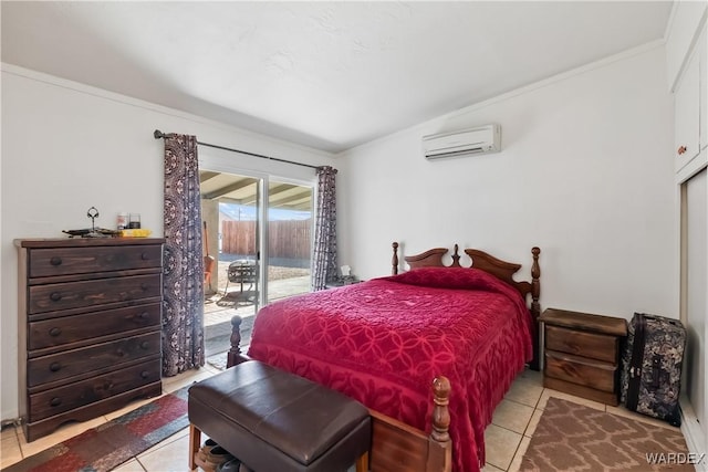 bedroom with access to exterior, light tile patterned flooring, crown molding, and a wall mounted AC