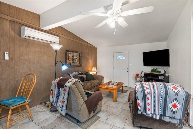 living area featuring a wall unit AC, wooden walls, ceiling fan, and lofted ceiling with beams