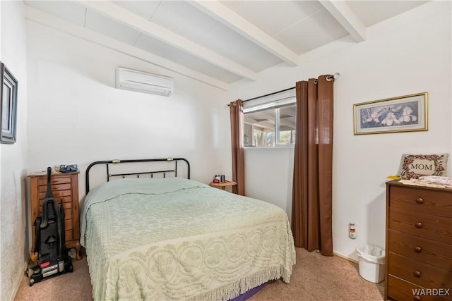 bedroom featuring vaulted ceiling with beams, a wall unit AC, and light carpet