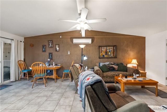 living room with light tile patterned floors, wooden walls, a ceiling fan, vaulted ceiling, and a wall mounted AC