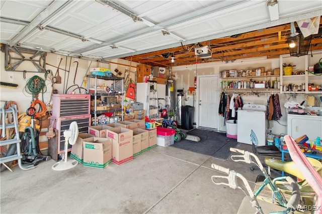 garage with washer / clothes dryer and a garage door opener