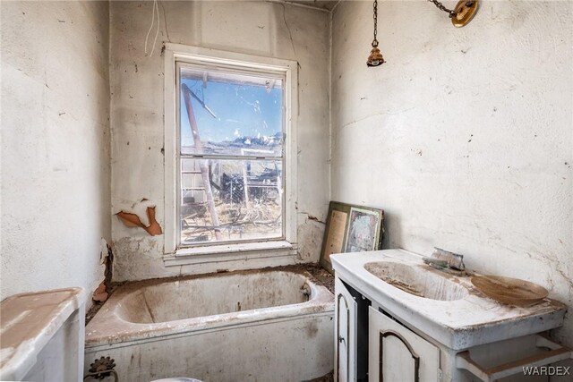 bathroom with a tub to relax in and vanity