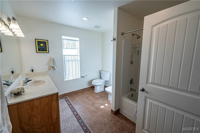 bathroom featuring baseboards, visible vents, toilet, tile patterned floors, and vanity