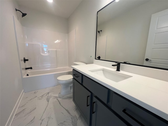 full bathroom featuring shower / tub combination, vanity, and toilet