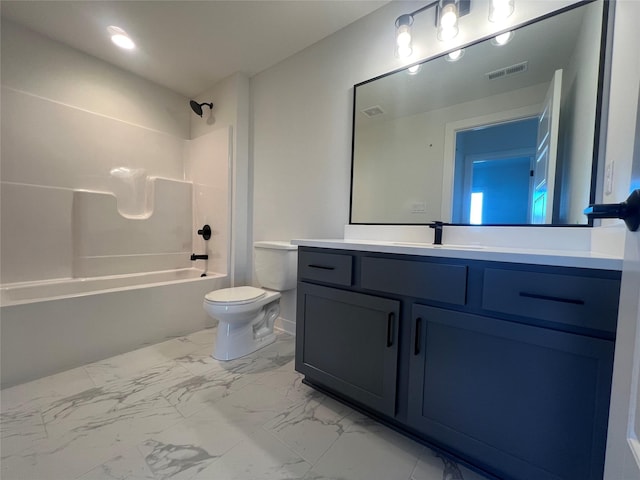 full bathroom featuring vanity, toilet, and washtub / shower combination