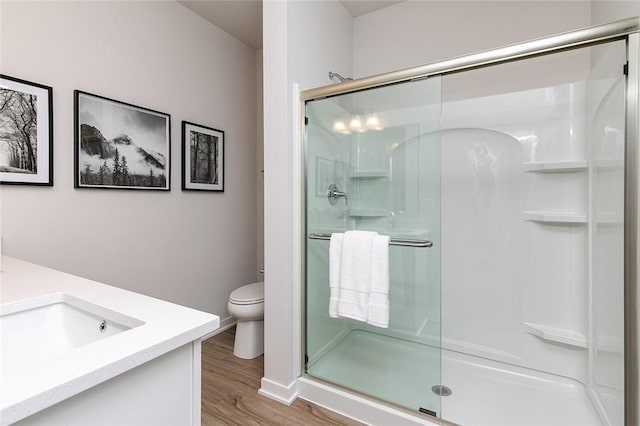 bathroom with vanity, toilet, wood-type flooring, and a shower with door