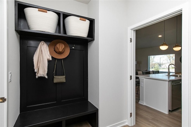 mudroom with wood-type flooring and sink