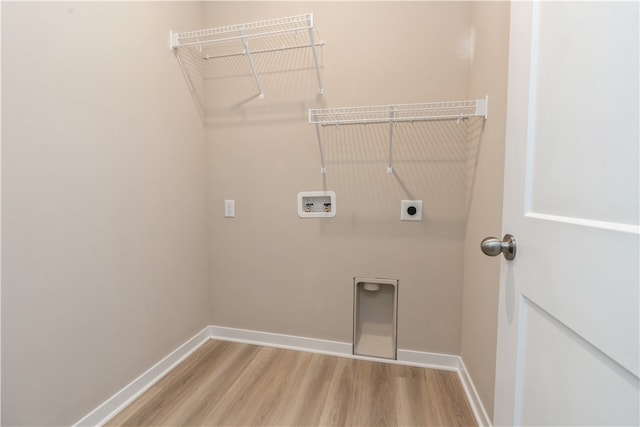 laundry area with washer hookup, electric dryer hookup, and light hardwood / wood-style floors