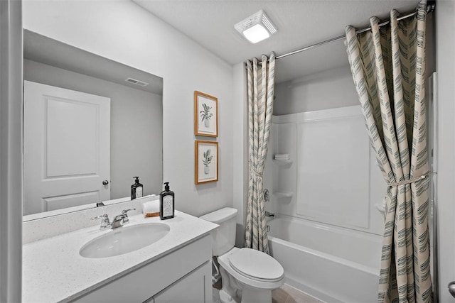 full bathroom featuring vanity, toilet, and shower / tub combo with curtain