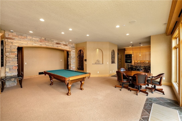 playroom featuring a textured ceiling, billiards, and dark carpet