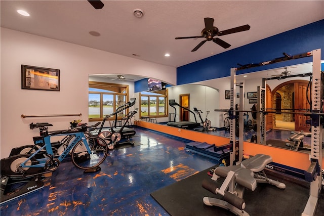 workout area featuring ceiling fan