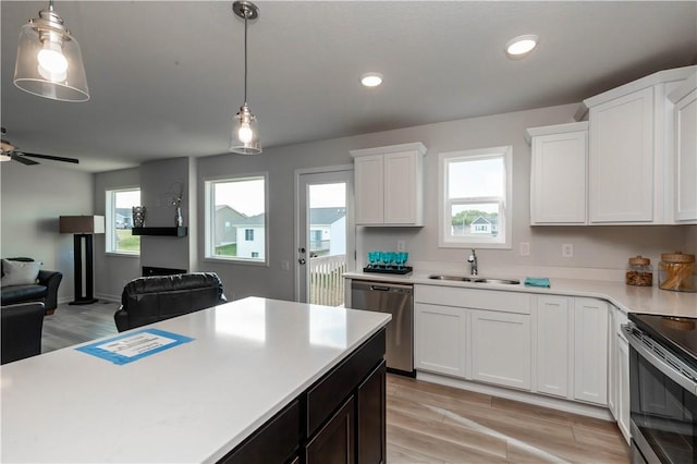 kitchen featuring light wood-type flooring, stainless steel appliances, white cabinetry, and sink