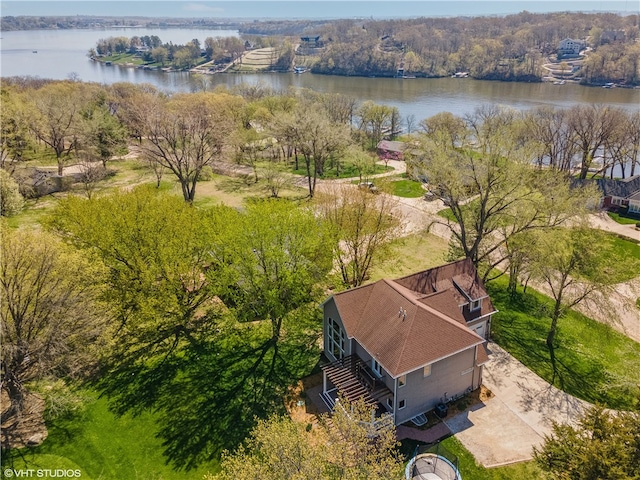 drone / aerial view featuring a water view