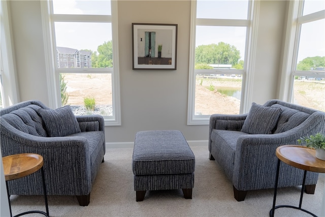 living area featuring light carpet