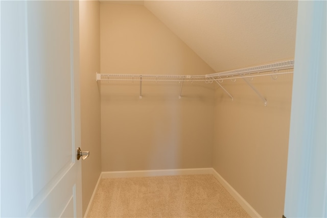 spacious closet with carpet floors and vaulted ceiling