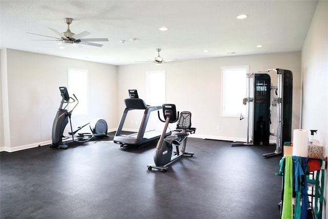 workout room with ceiling fan