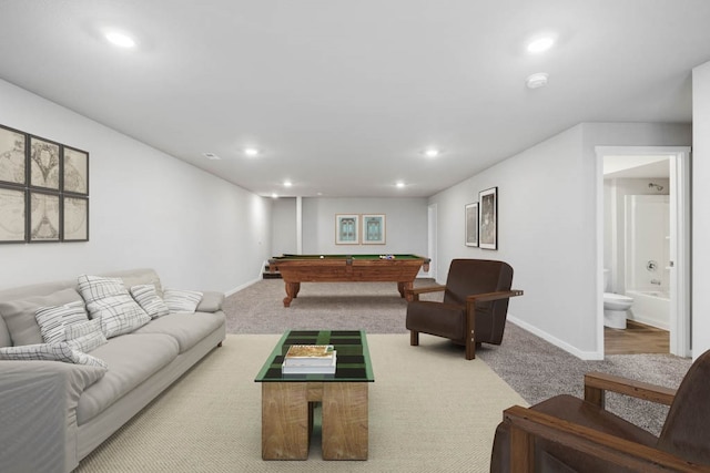 living room featuring billiards and carpet