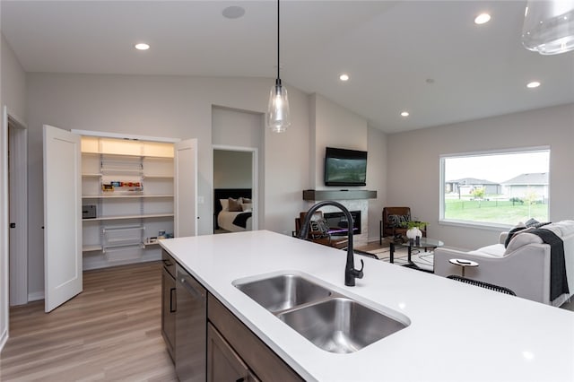 kitchen with stainless steel dishwasher, sink, light hardwood / wood-style flooring, hanging light fixtures, and lofted ceiling